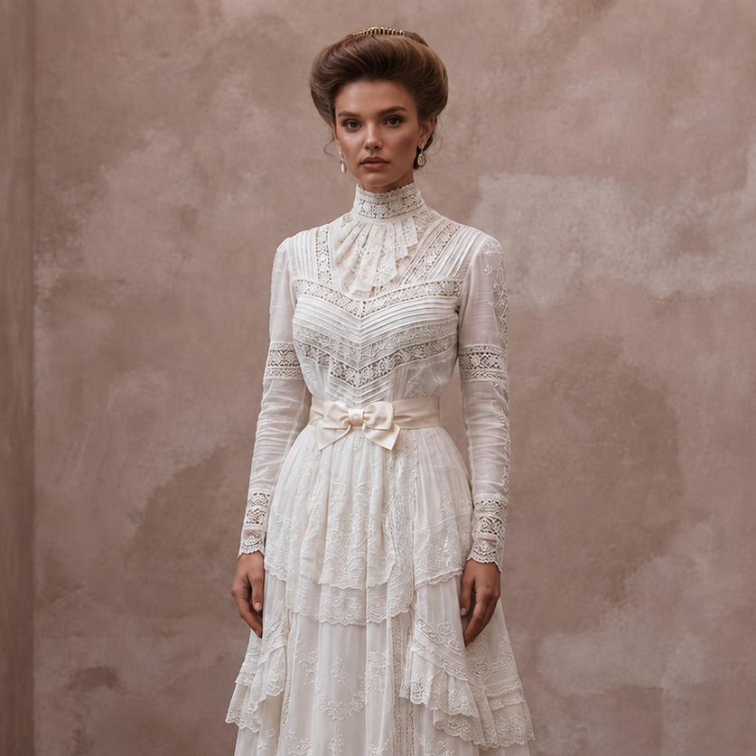 Edwardian Antique White Cotton Lawn Dress for Museum Elopement - Apparel & Accessories > Clothing > Wedding & Bridal Party Dresses > Wedding Dresses - Mignonette Bridal