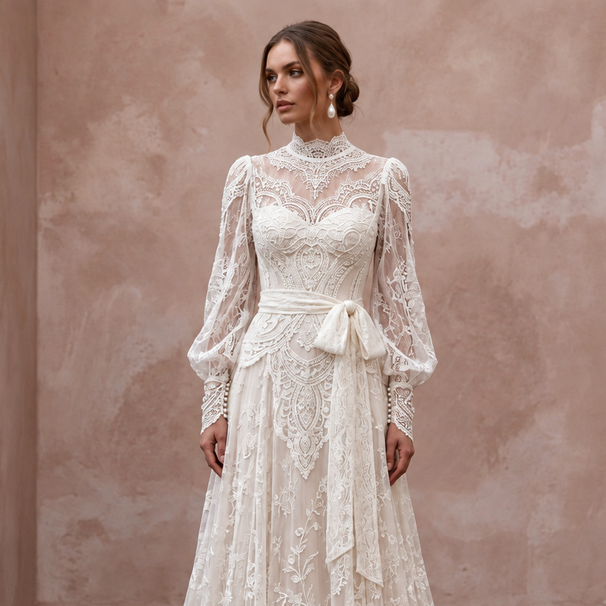 Edwardian Inspired Lace Bridal Gown with Long Sleeves
