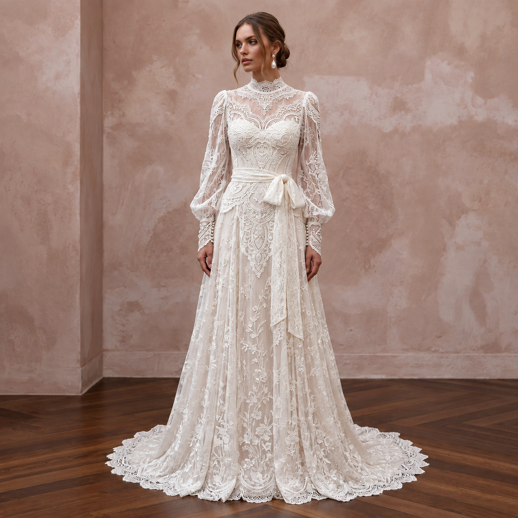 Edwardian Inspired Lace Bridal Gown with Long Sleeves