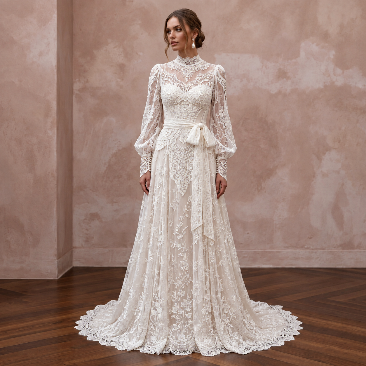 Edwardian Inspired Lace Bridal Gown with Long Sleeves