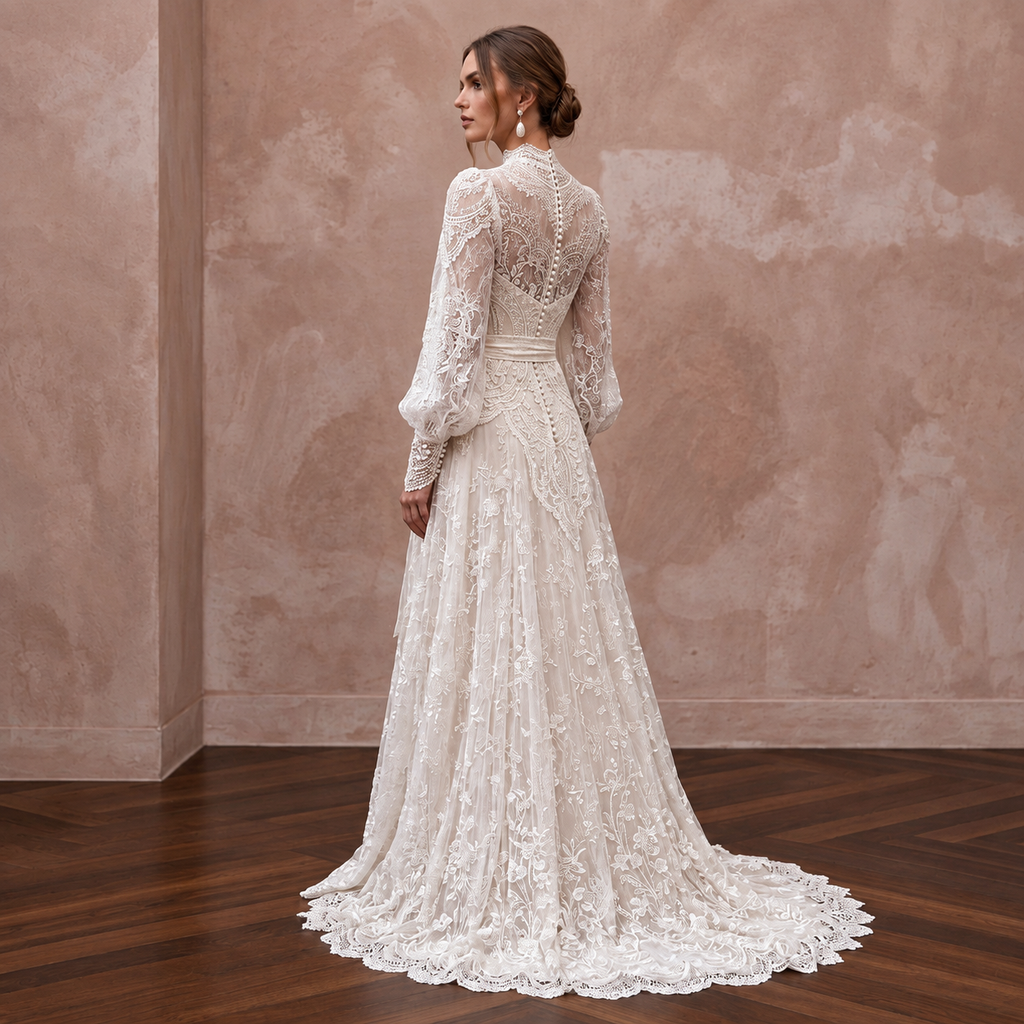 Edwardian Inspired Lace Bridal Gown with Long Sleeves