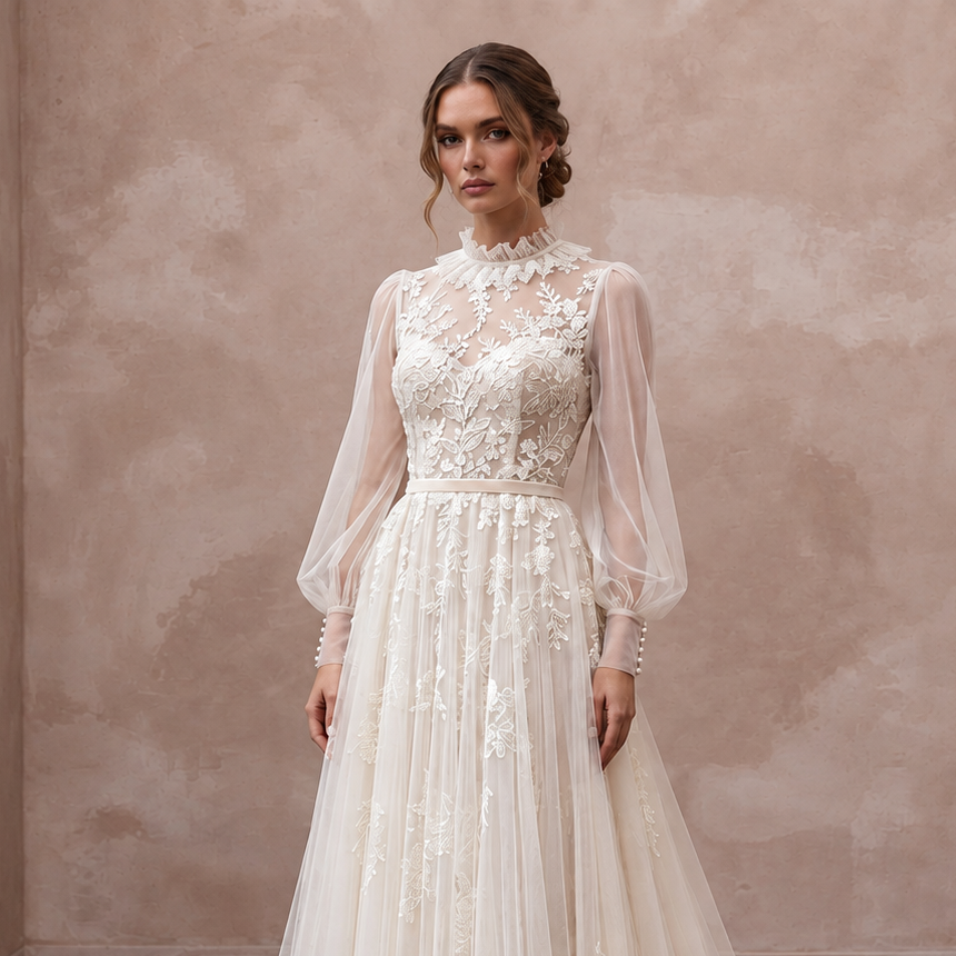 Edwardian Inspired Tulle Bridal Gown with Long Sleeves