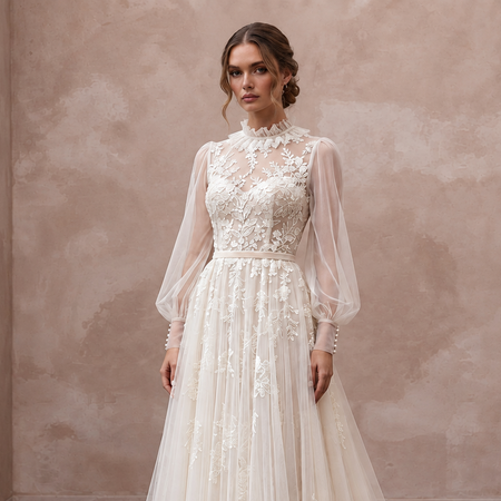 Edwardian Inspired Tulle Bridal Gown with Long Sleeves