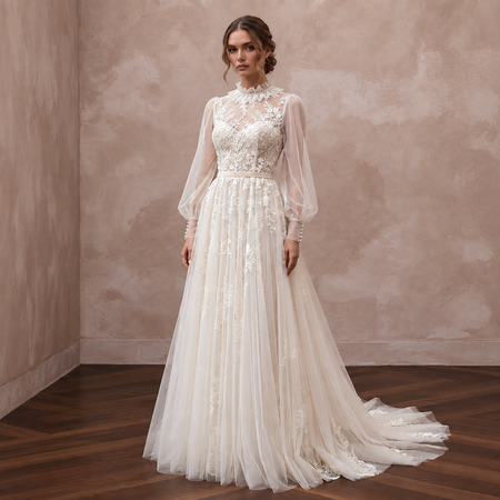 Edwardian Inspired Tulle Bridal Gown with Long Sleeves