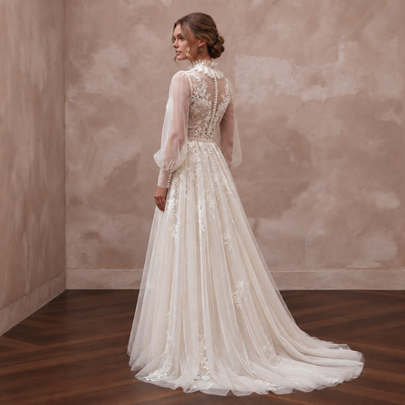Edwardian Inspired Tulle Bridal Gown with Long Sleeves