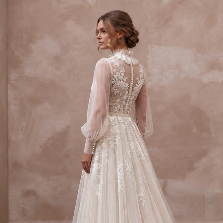 Edwardian Inspired Tulle Bridal Gown with Long Sleeves
