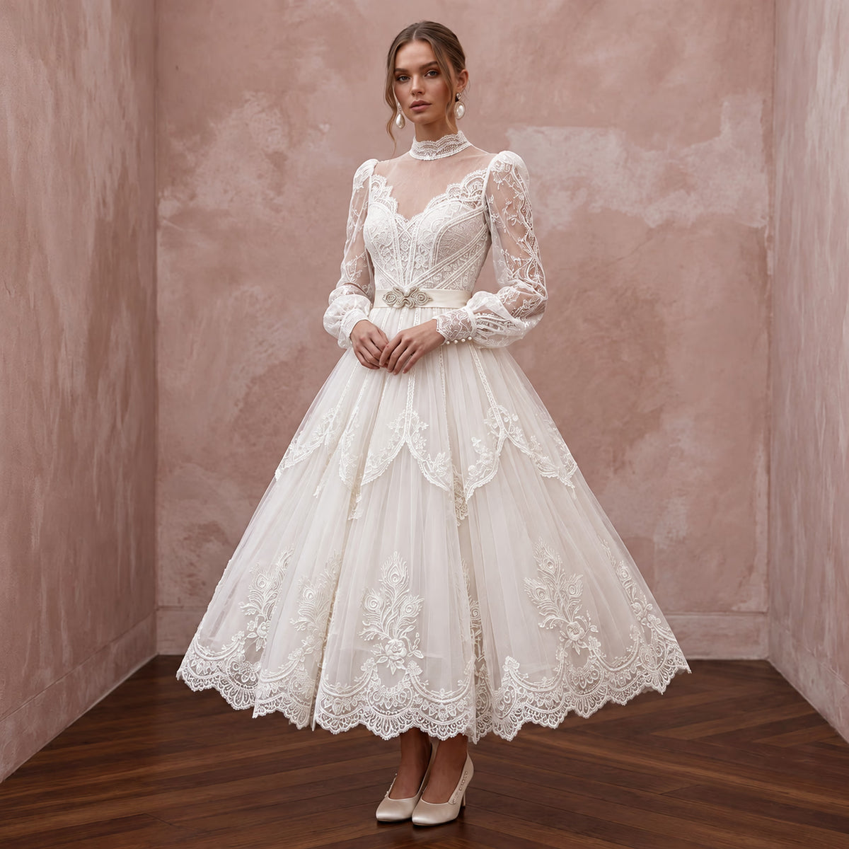Edwardian Lace & Tulle Overlay Tea Bridal Gown for High Tea Reception