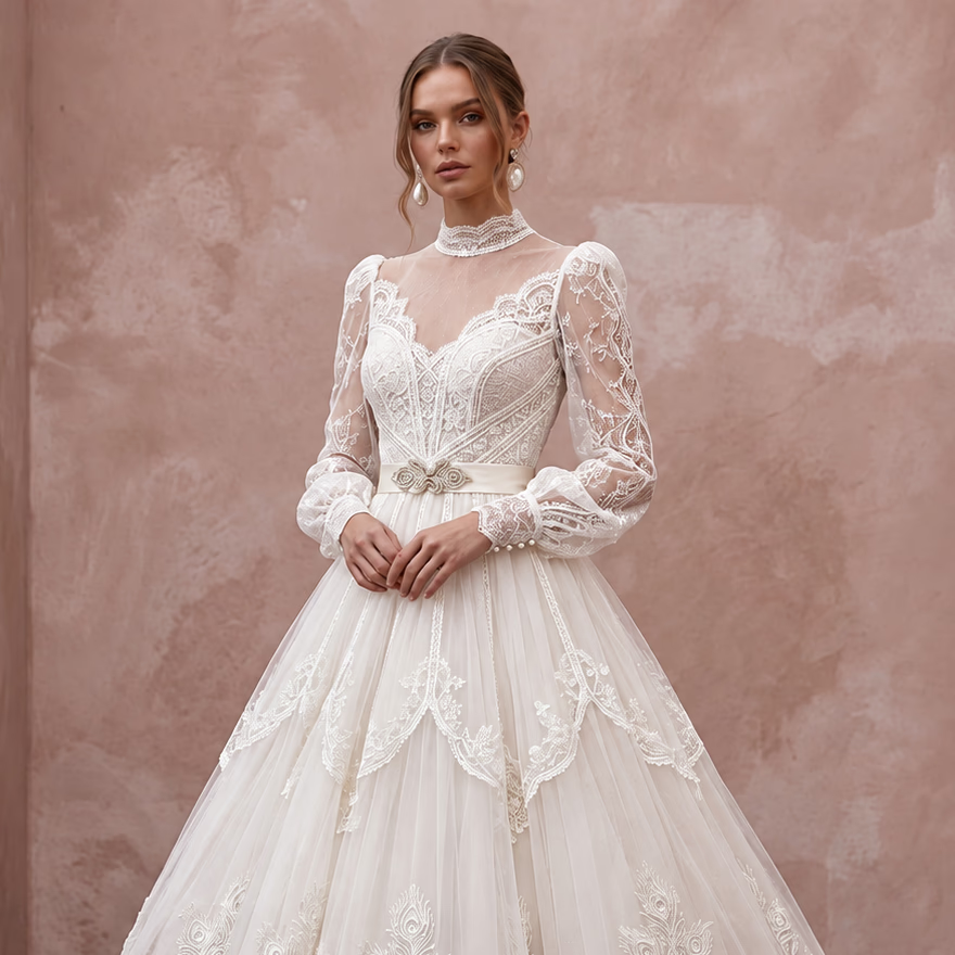 Edwardian Lace & Tulle Overlay Tea Bridal Gown for High Tea Reception