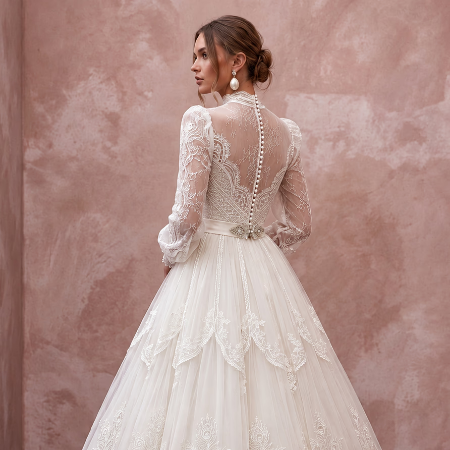Edwardian Lace & Tulle Overlay Tea Bridal Gown for High Tea Reception