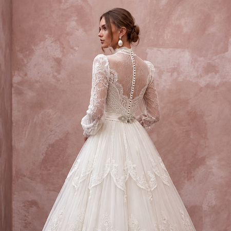 Edwardian Lace & Tulle Overlay Tea Bridal Gown for High Tea Reception