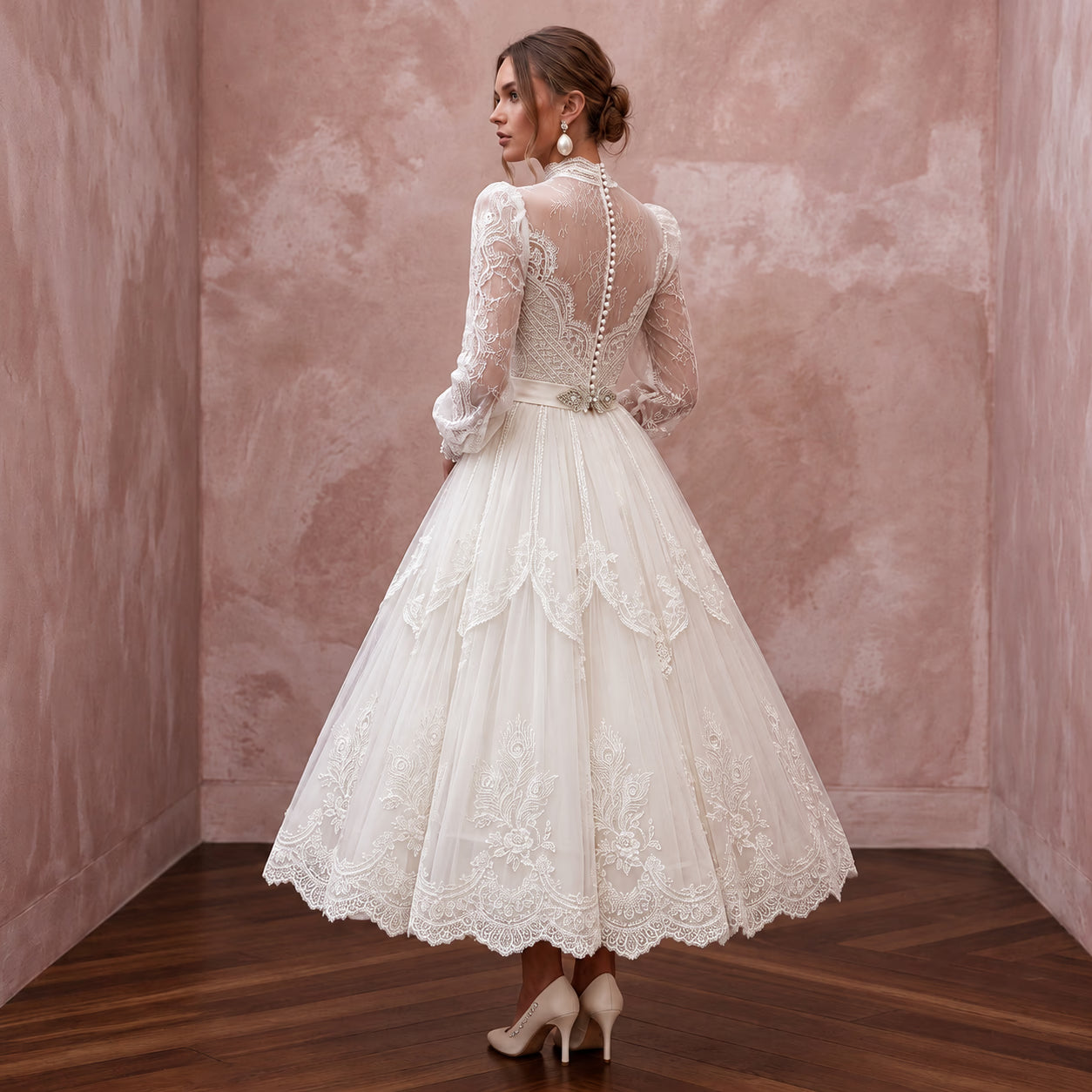 Edwardian Lace & Tulle Overlay Tea Bridal Gown for High Tea Reception Secondary image