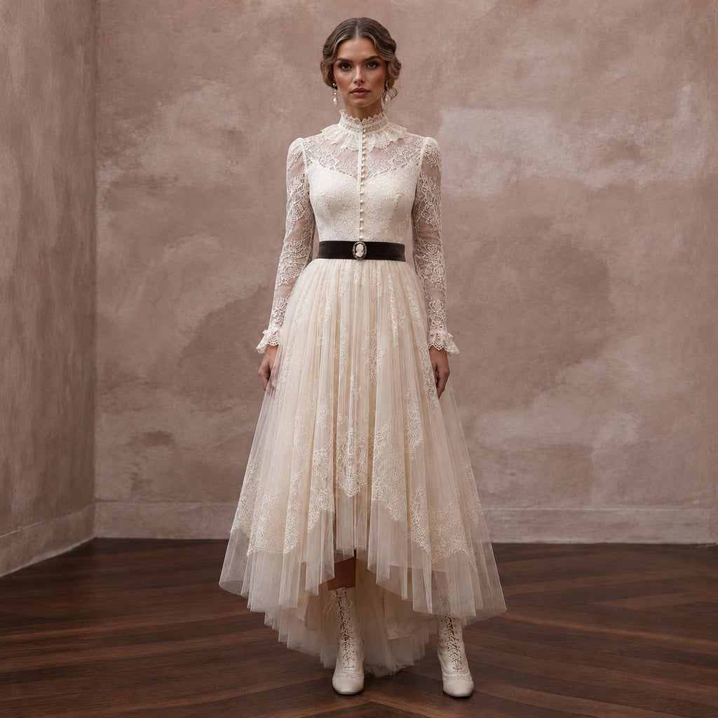 Edwardian Lace & Tulle Overlay Tea Gown for High Tea Reception - Apparel & Accessories > Clothing > Wedding & Bridal Party Dresses > Wedding Dresses - Mignonette Bridal