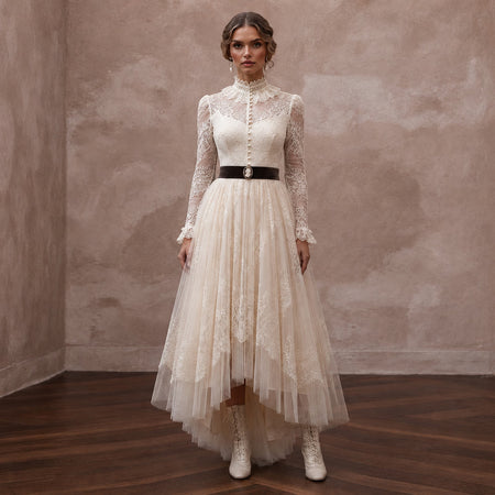 Edwardian Lace & Tulle Overlay Tea Gown for High Tea Reception - Apparel & Accessories > Clothing > Wedding & Bridal Party Dresses > Wedding Dresses - Mignonette Bridal