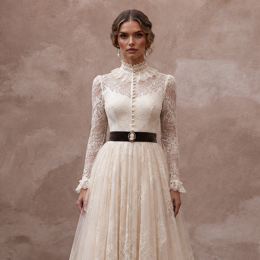 Edwardian Lace & Tulle Overlay Tea Gown for High Tea Reception - Apparel & Accessories > Clothing > Wedding & Bridal Party Dresses > Wedding Dresses - Mignonette Bridal