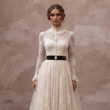 Edwardian Lace & Tulle Overlay Tea Gown for High Tea Reception - Apparel & Accessories > Clothing > Wedding & Bridal Party Dresses > Wedding Dresses - Mignonette Bridal