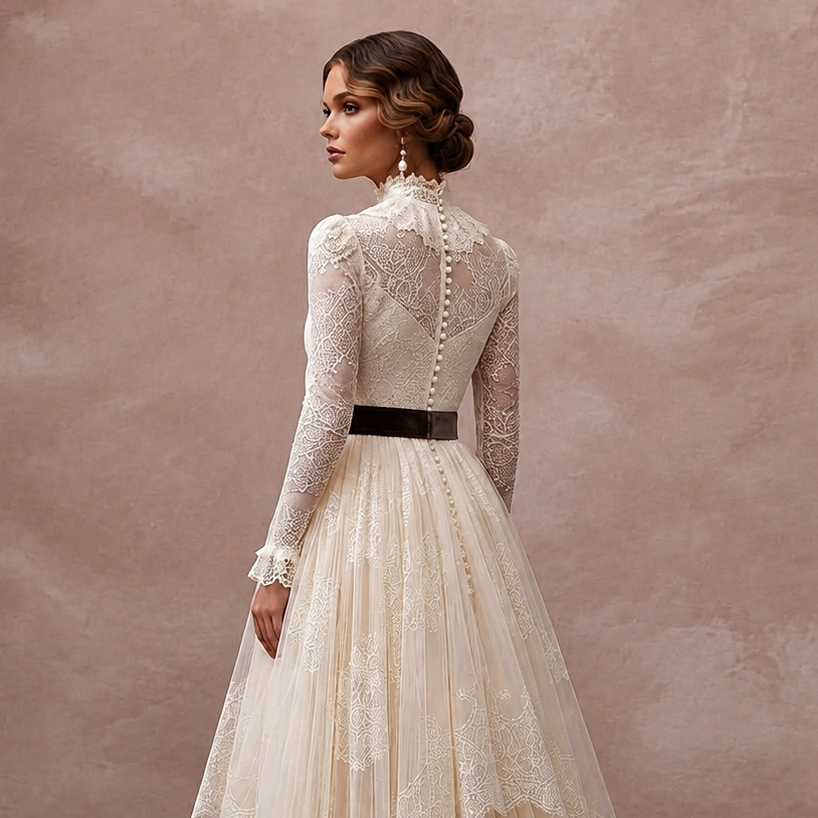 Edwardian Lace & Tulle Overlay Tea Gown for High Tea Reception - Apparel & Accessories > Clothing > Wedding & Bridal Party Dresses > Wedding Dresses - Mignonette Bridal