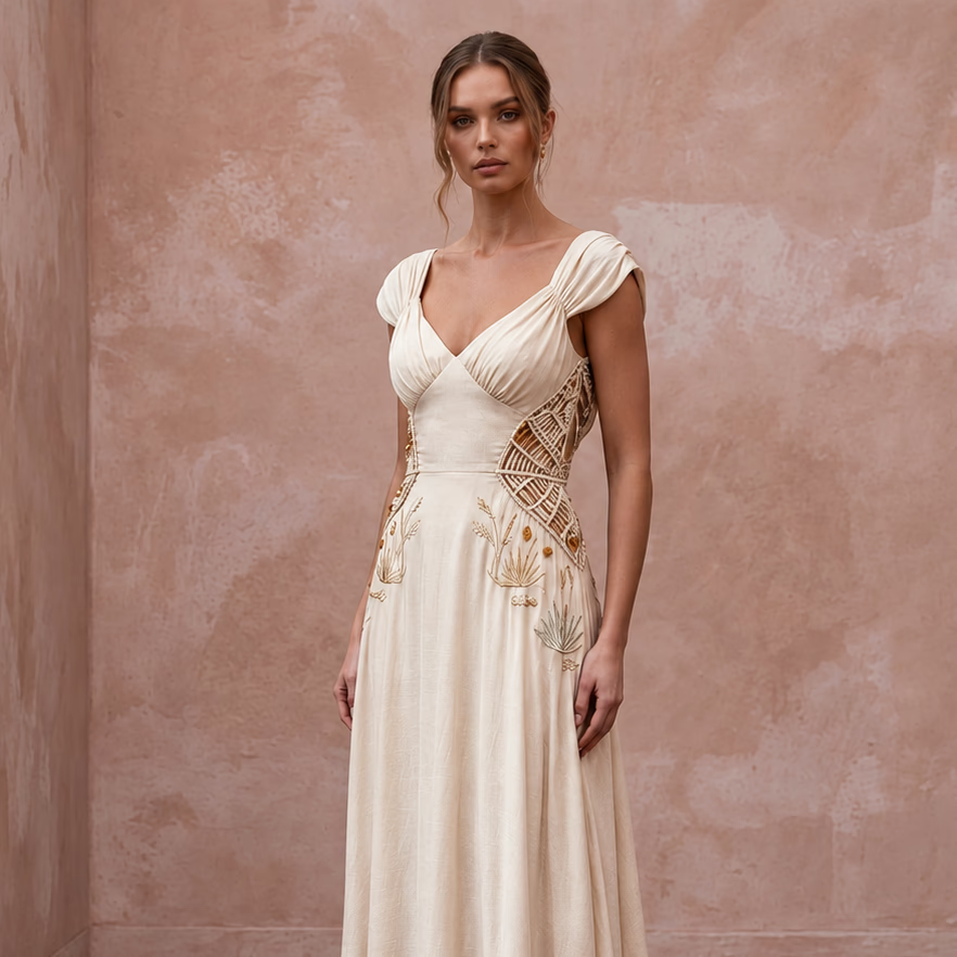 Effortless Champagne Sandwashed Silk Maxi Bridal Gown for Desert Oasis Elopement