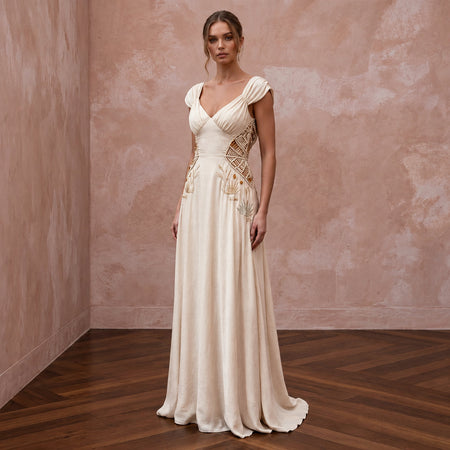 Effortless Champagne Sandwashed Silk Maxi Bridal Gown for Desert Oasis Elopement