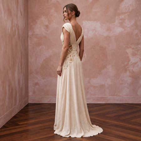 Effortless Champagne Sandwashed Silk Maxi Bridal Gown for Desert Oasis Elopement