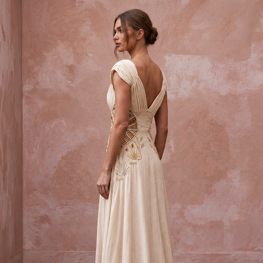 Effortless Champagne Sandwashed Silk Maxi Bridal Gown for Desert Oasis Elopement