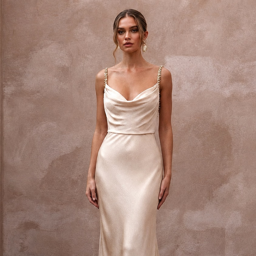 Effortless Champagne Sandwashed Silk Maxi for Desert Oasis Elopement - Apparel & Accessories > Clothing > Wedding & Bridal Party Dresses > Wedding Dresses - Mignonette Bridal