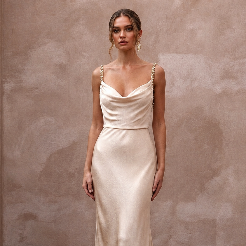 Effortless Champagne Sandwashed Silk Maxi for Desert Oasis Elopement