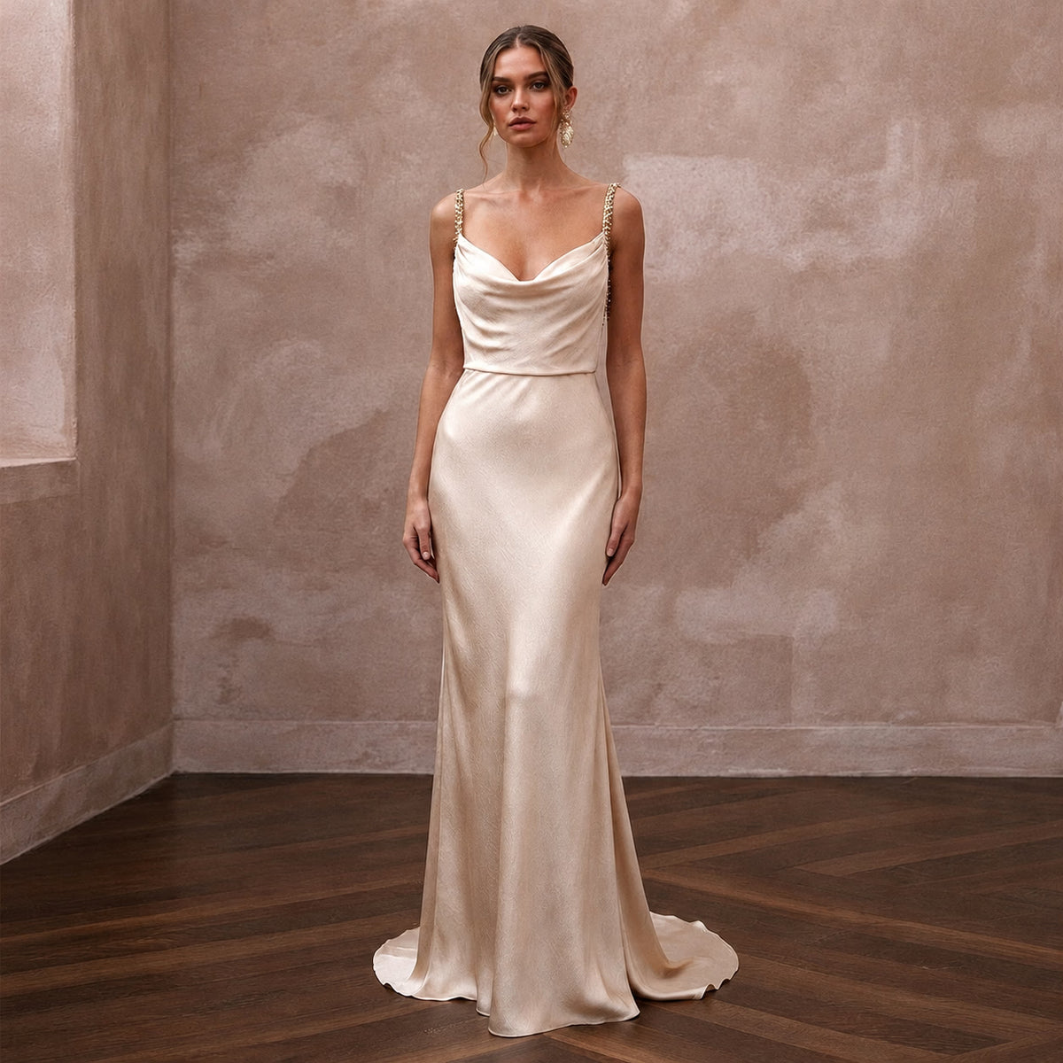 Effortless Champagne Sandwashed Silk Maxi for Desert Oasis Elopement - Apparel & Accessories > Clothing > Wedding & Bridal Party Dresses > Wedding Dresses - Mignonette Bridal Main image