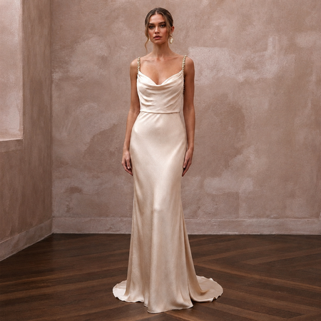 Effortless Champagne Sandwashed Silk Maxi for Desert Oasis Elopement