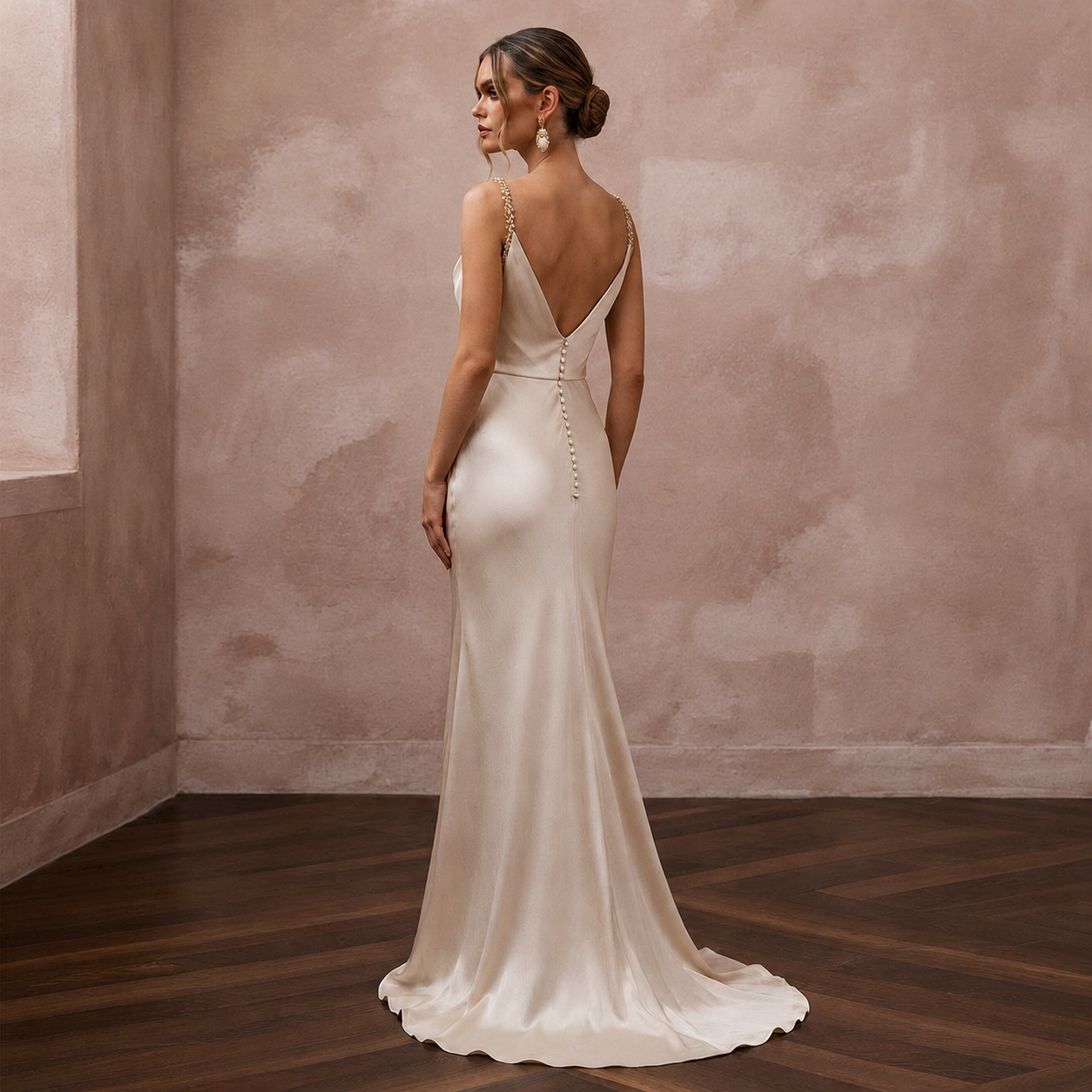 Effortless Champagne Sandwashed Silk Maxi for Desert Oasis Elopement