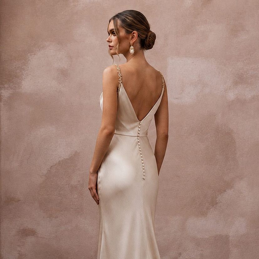 Effortless Champagne Sandwashed Silk Maxi for Desert Oasis Elopement