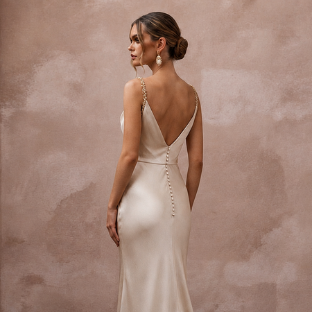 Effortless Champagne Sandwashed Silk Maxi for Desert Oasis Elopement