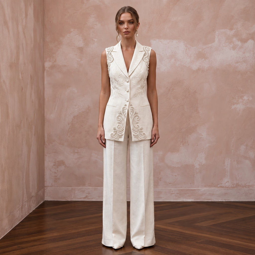 Effortless Cream Linen Blend Bridal Vest & Pant Set for Brunch Reception