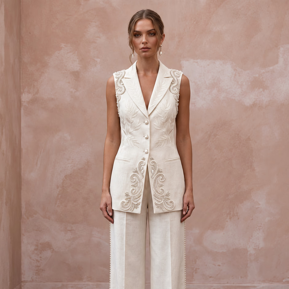 Effortless Cream Linen Blend Bridal Vest & Pant Set for Brunch Reception