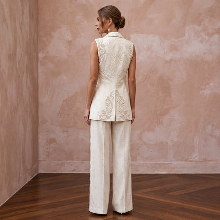 Effortless Cream Linen Blend Bridal Vest & Pant Set for Brunch Reception