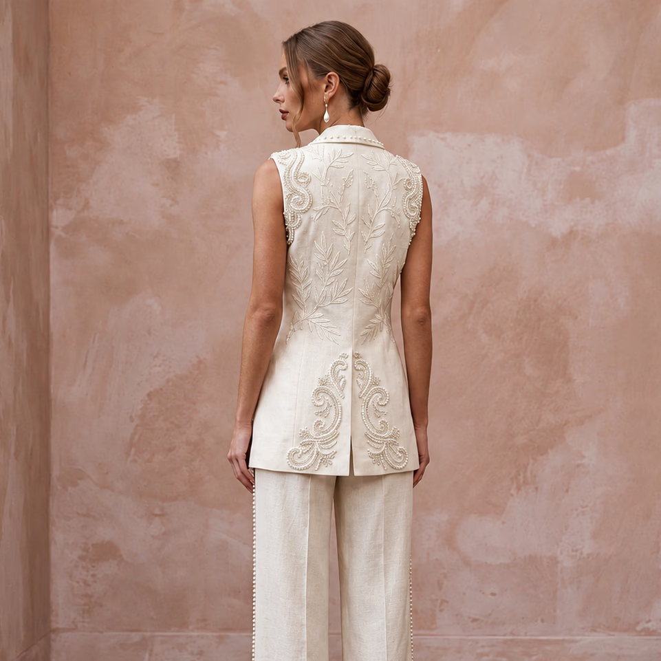 Effortless Cream Linen Blend Bridal Vest & Pant Set for Brunch Reception