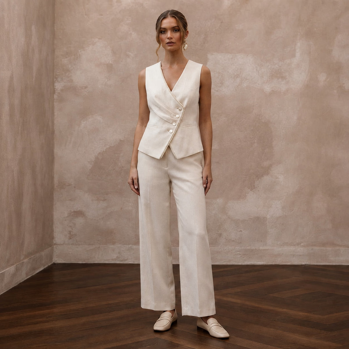 Effortless Cream Linen Blend Vest & Pant for Brunch Reception - Apparel & Accessories > Clothing > Wedding & Bridal Party Dresses > Wedding Dresses - Mignonette Bridal Main image
