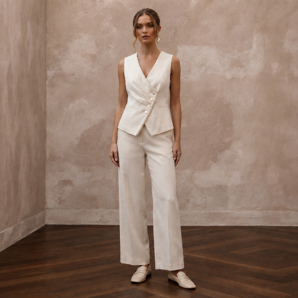 Effortless Cream Linen Blend Vest & Pant for Brunch Reception - Apparel & Accessories > Clothing > Wedding & Bridal Party Dresses > Wedding Dresses - Mignonette Bridal