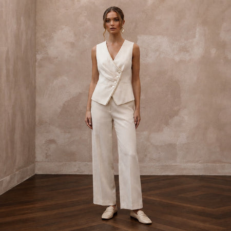 Effortless Cream Linen Blend Vest & Pant for Brunch Reception - Apparel & Accessories > Clothing > Wedding & Bridal Party Dresses > Wedding Dresses - Mignonette Bridal