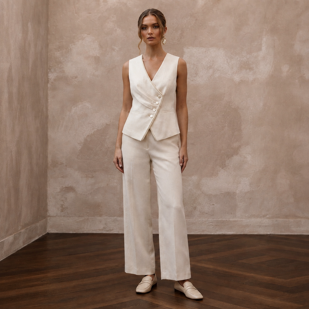 Effortless Cream Linen Blend Vest & Pant for Brunch Reception