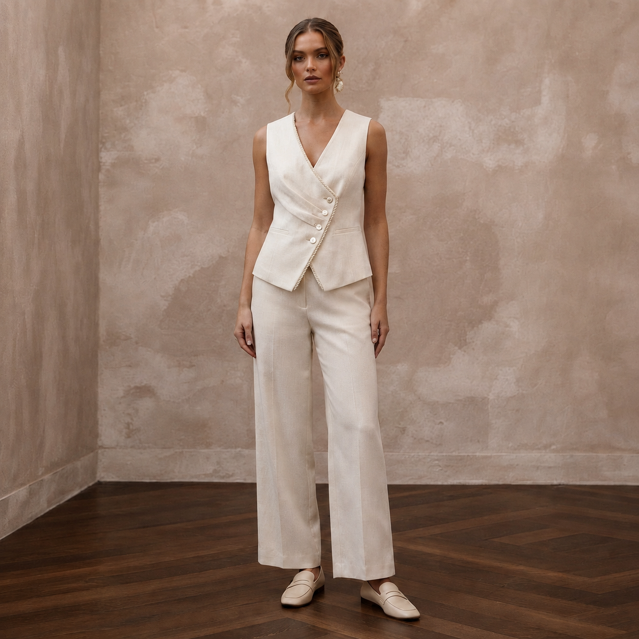 Effortless Cream Linen Blend Vest & Pant for Brunch Reception