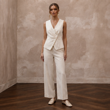 Effortless Cream Linen Blend Vest & Pant for Brunch Reception