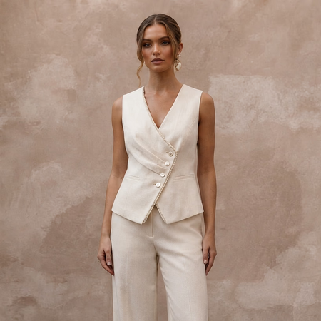 Effortless Cream Linen Blend Vest & Pant for Brunch Reception - Apparel & Accessories > Clothing > Wedding & Bridal Party Dresses > Wedding Dresses - Mignonette Bridal
