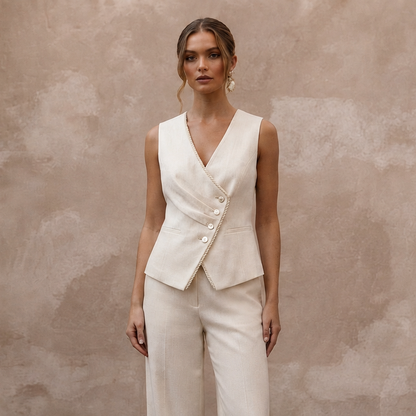 Effortless Cream Linen Blend Vest & Pant for Brunch Reception