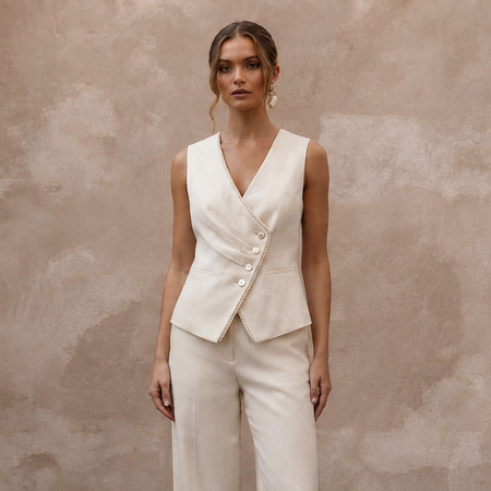 Effortless Cream Linen Blend Vest & Pant for Brunch Reception