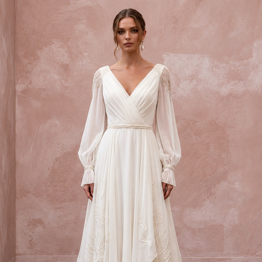 Effortless Ivory Chiffon Destination Bridal Gown for Elopement