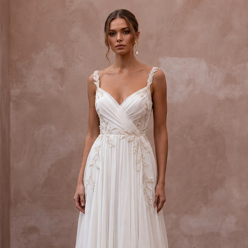 Effortless Ivory Chiffon Destination Gown for Elopement - Apparel & Accessories > Clothing > Wedding & Bridal Party Dresses > Wedding Dresses - Mignonette Bridal