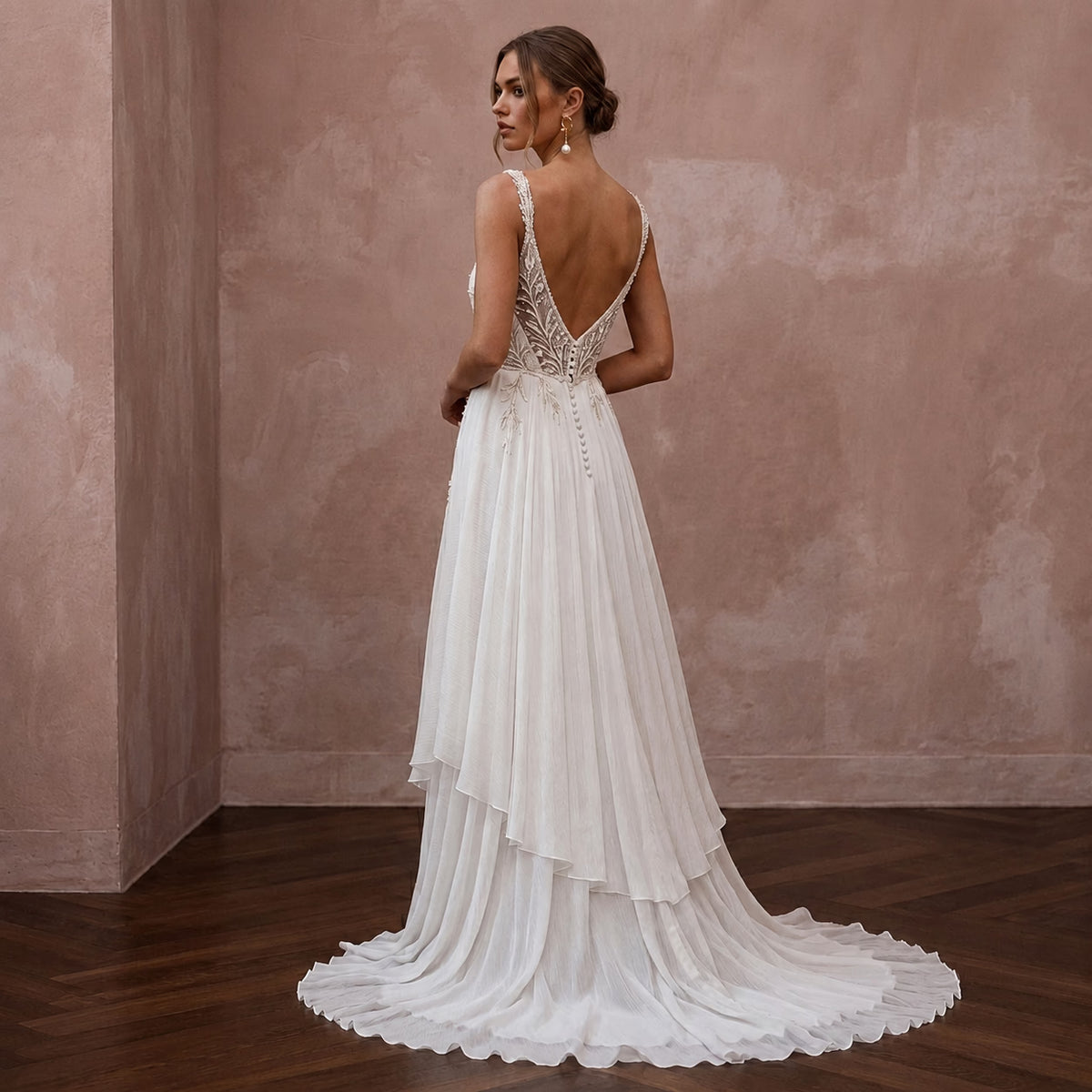 Effortless Ivory Chiffon Destination Gown for Elopement - Apparel & Accessories > Clothing > Wedding & Bridal Party Dresses > Wedding Dresses - Mignonette Bridal