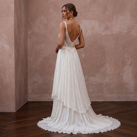 Effortless Ivory Chiffon Destination Gown for Elopement - Apparel & Accessories > Clothing > Wedding & Bridal Party Dresses > Wedding Dresses - Mignonette Bridal