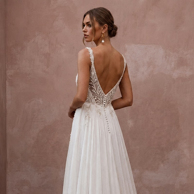 Effortless Ivory Chiffon Destination Gown for Elopement - Apparel & Accessories > Clothing > Wedding & Bridal Party Dresses > Wedding Dresses - Mignonette Bridal