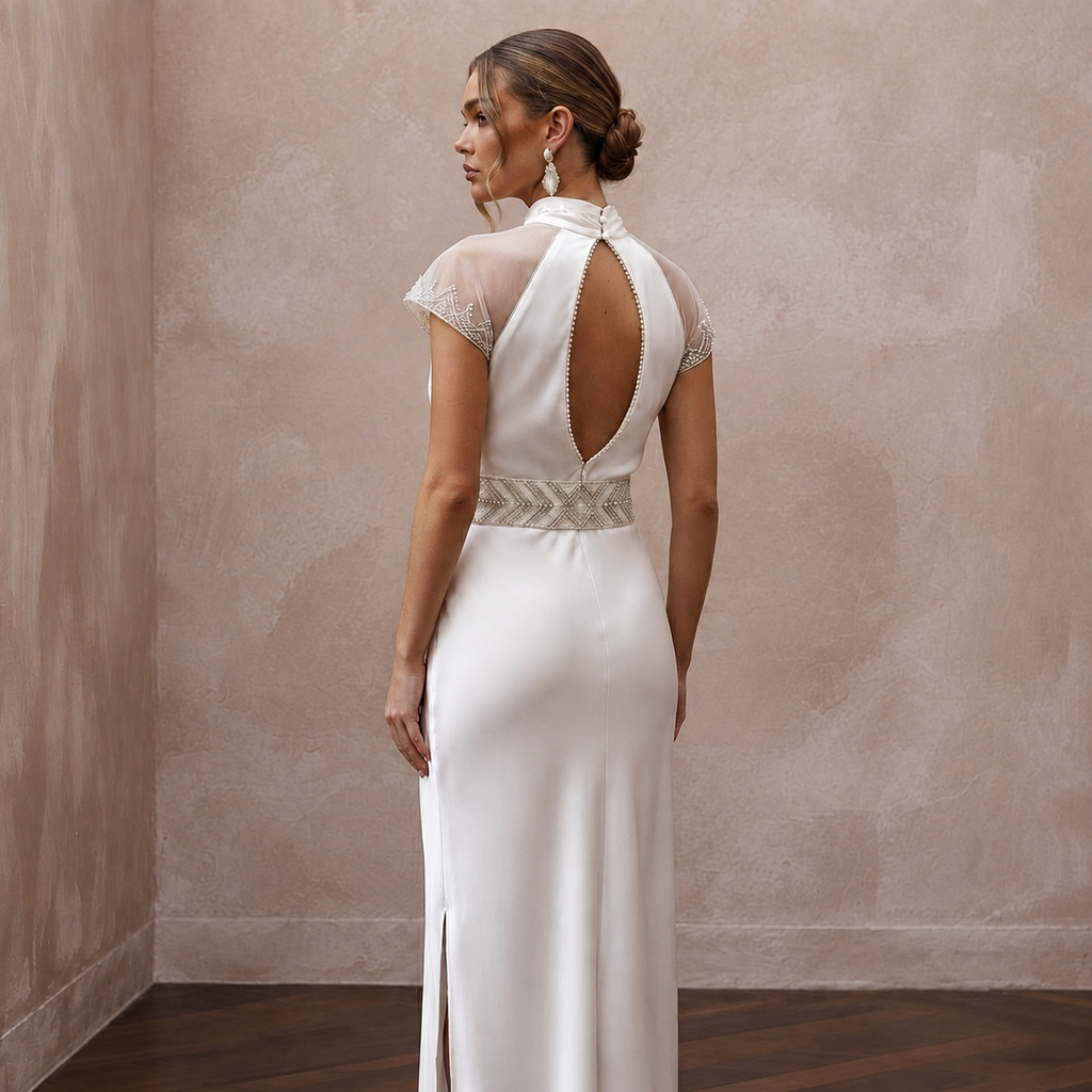 Effortless Ivory Silk Sheath Dress for Rehearsal Dinner